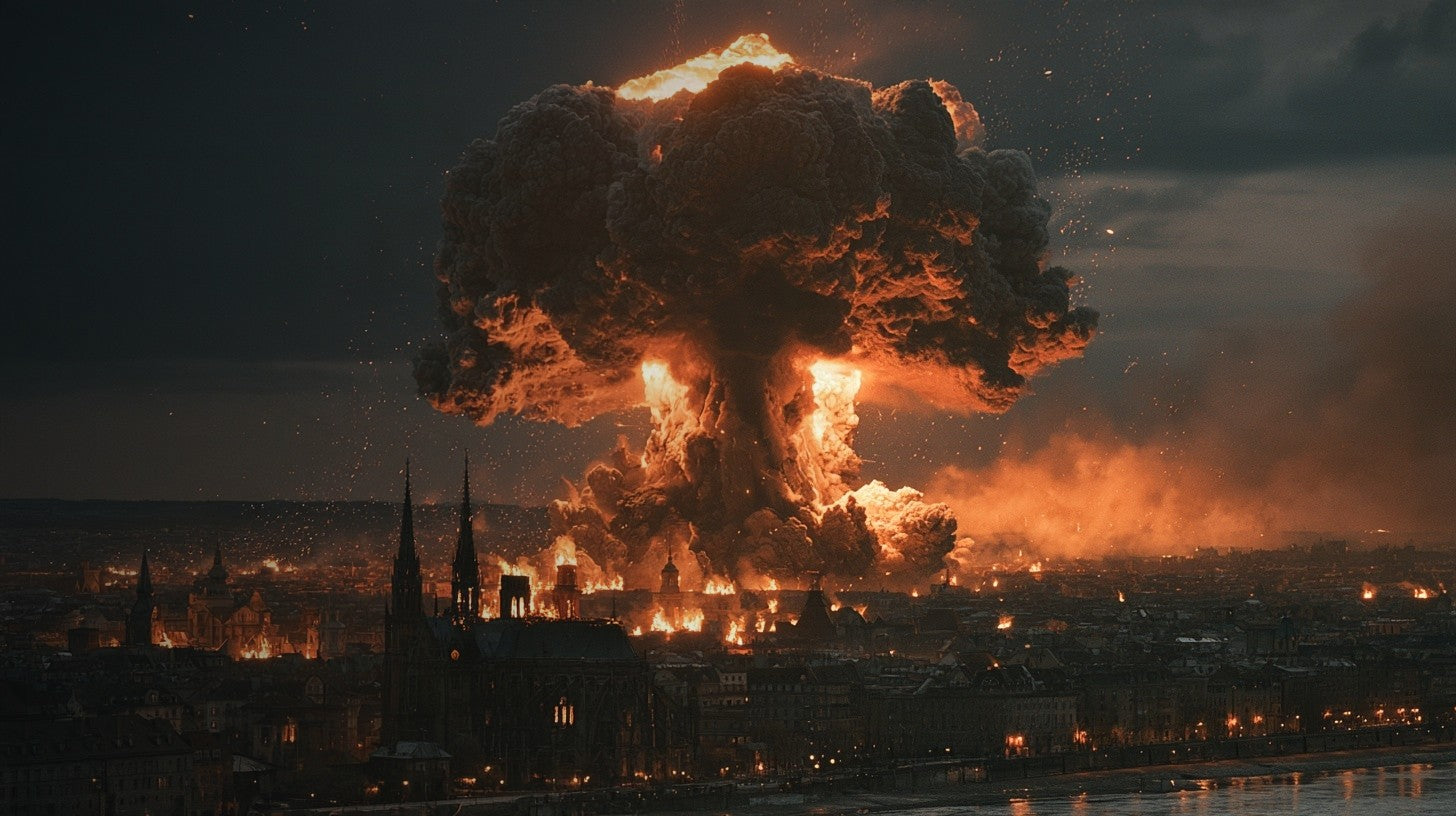 A nuclear mushroom cloud over a burning skyline