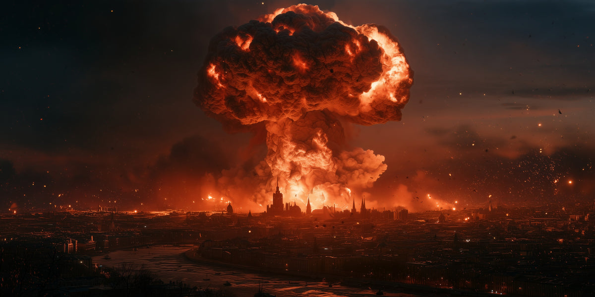 A nuclear mushroom cloud over a burning skyline