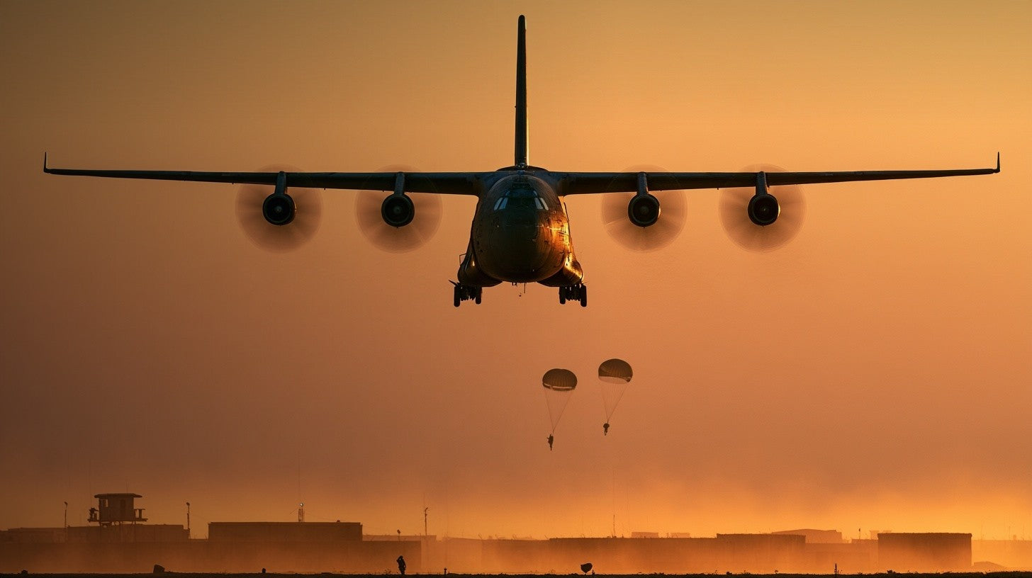 A C-130 over the coast at sunset
