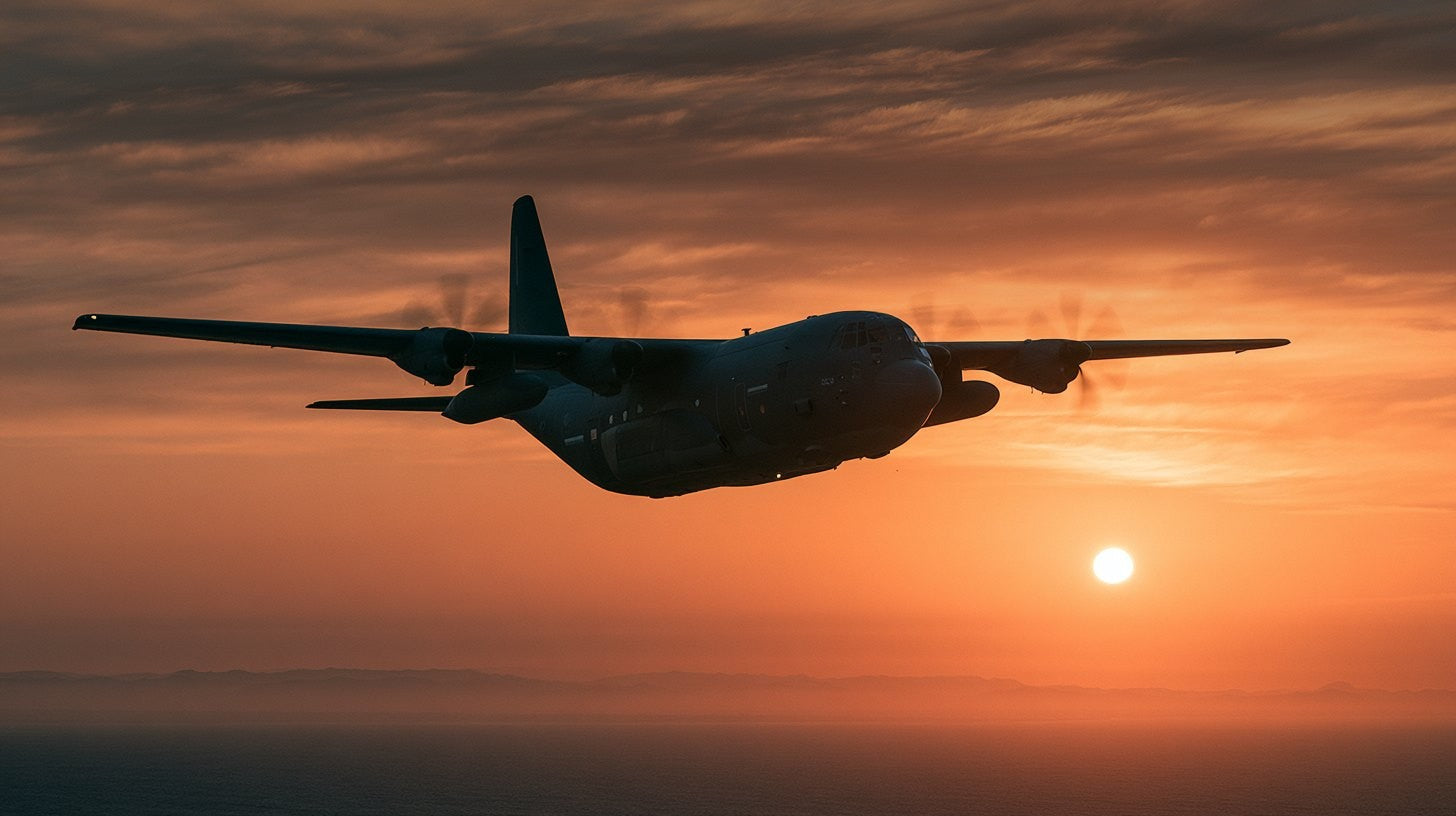 A C-130 over the coast at sunset