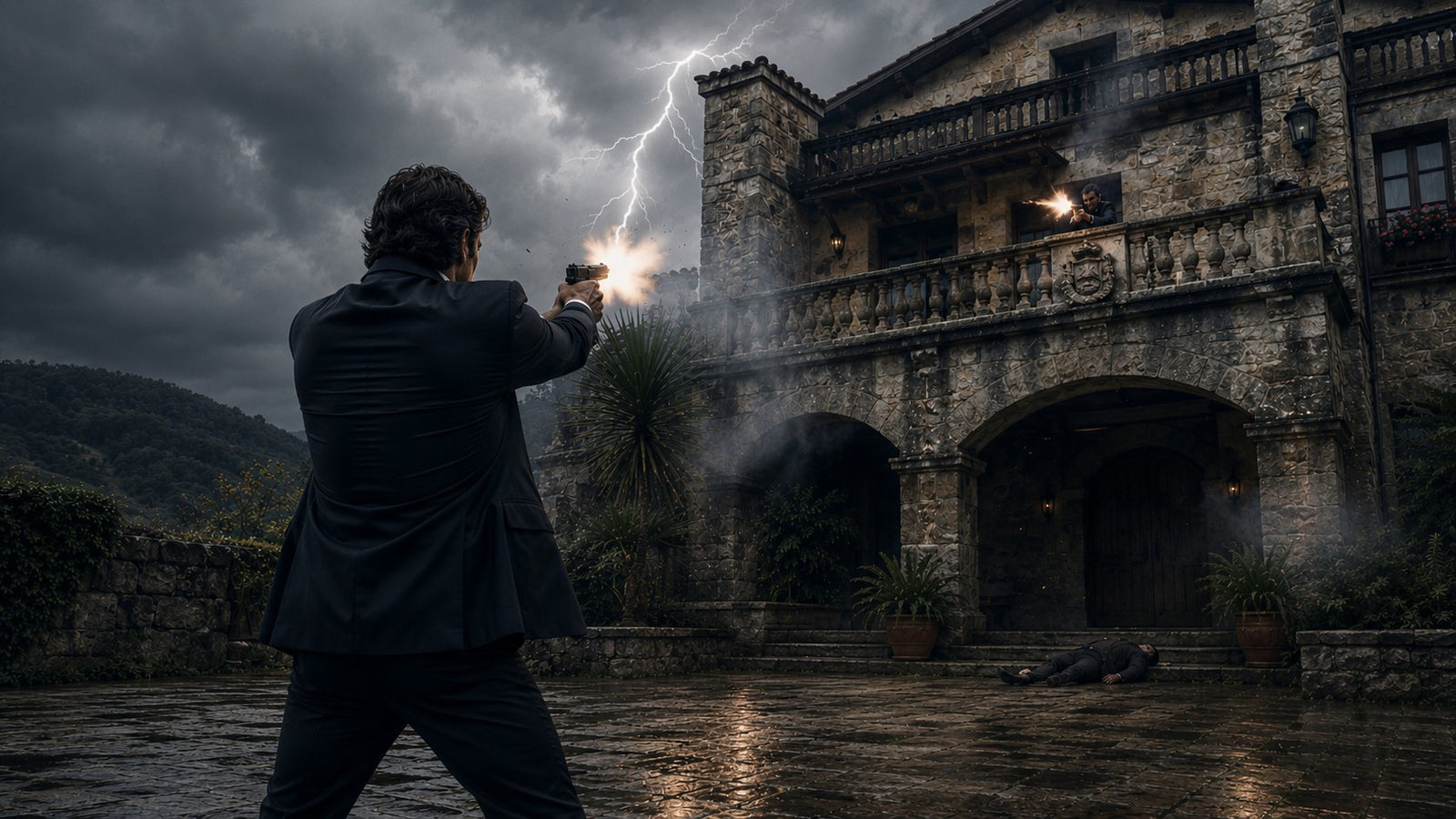 A gunfight outside a fortified Basque mansion