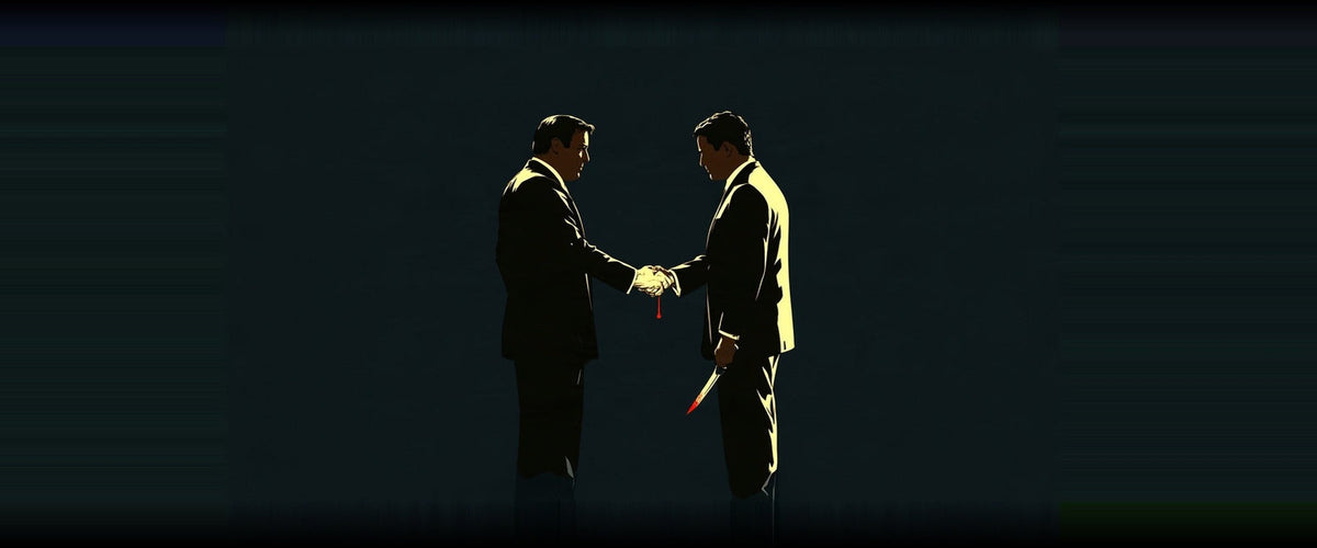Two men sealing a blood oath with a handshake, a knife at one man's side