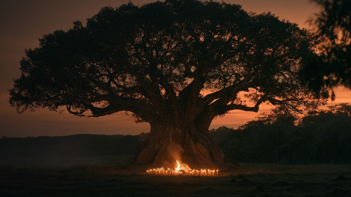 A colossal Ceiba tree at night with a bonfire and ring of candles