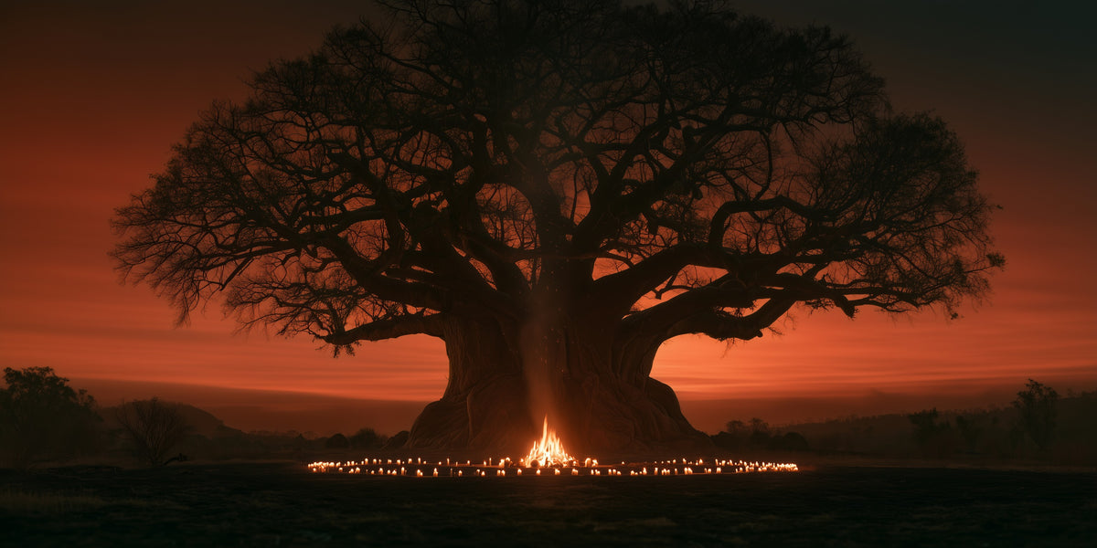 A colossal Ceiba tree at night with a bonfire and ring of candles
