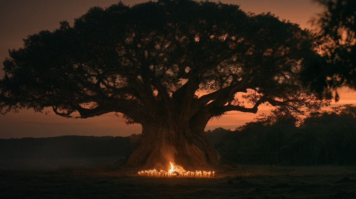 A colossal Ceiba tree at night with a bonfire and ring of candles
