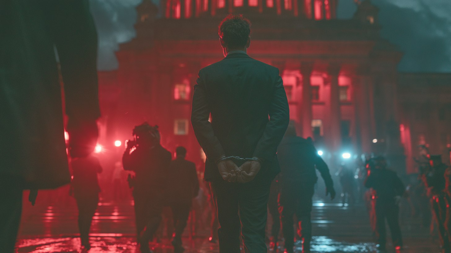 A suited man in handcuffs marched toward the Capitol through press lights