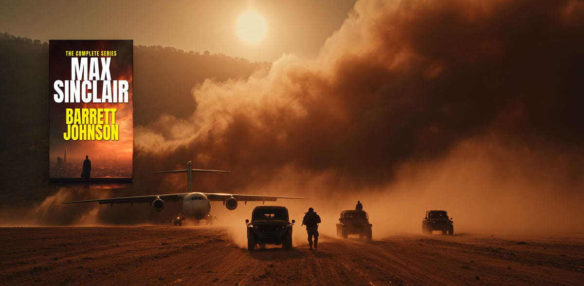 The complete Barrett Johnson series, a private jet on a dirt airstrip with an armed convoy closing in through the dust