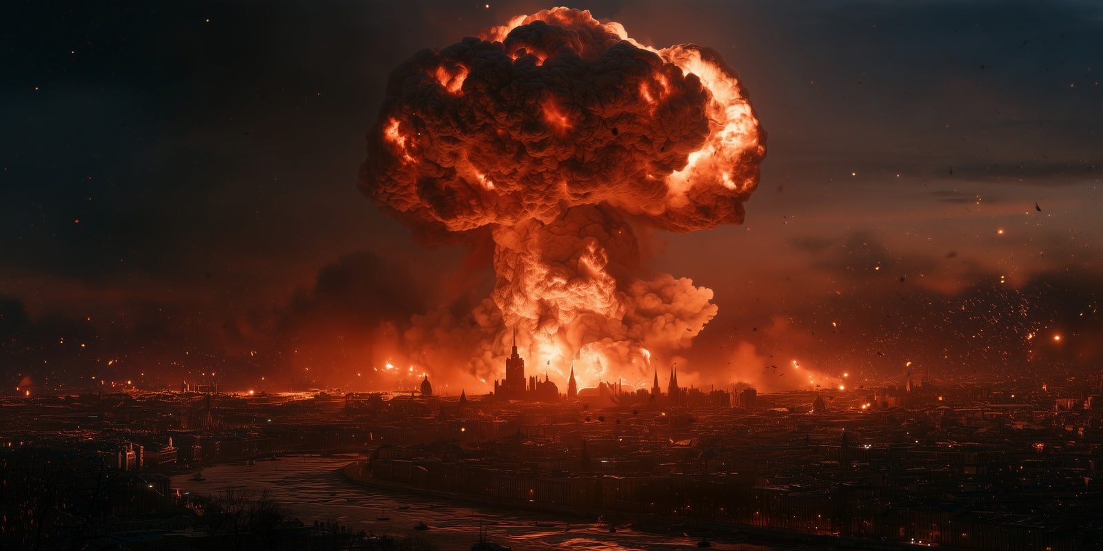 A nuclear mushroom cloud over a burning skyline