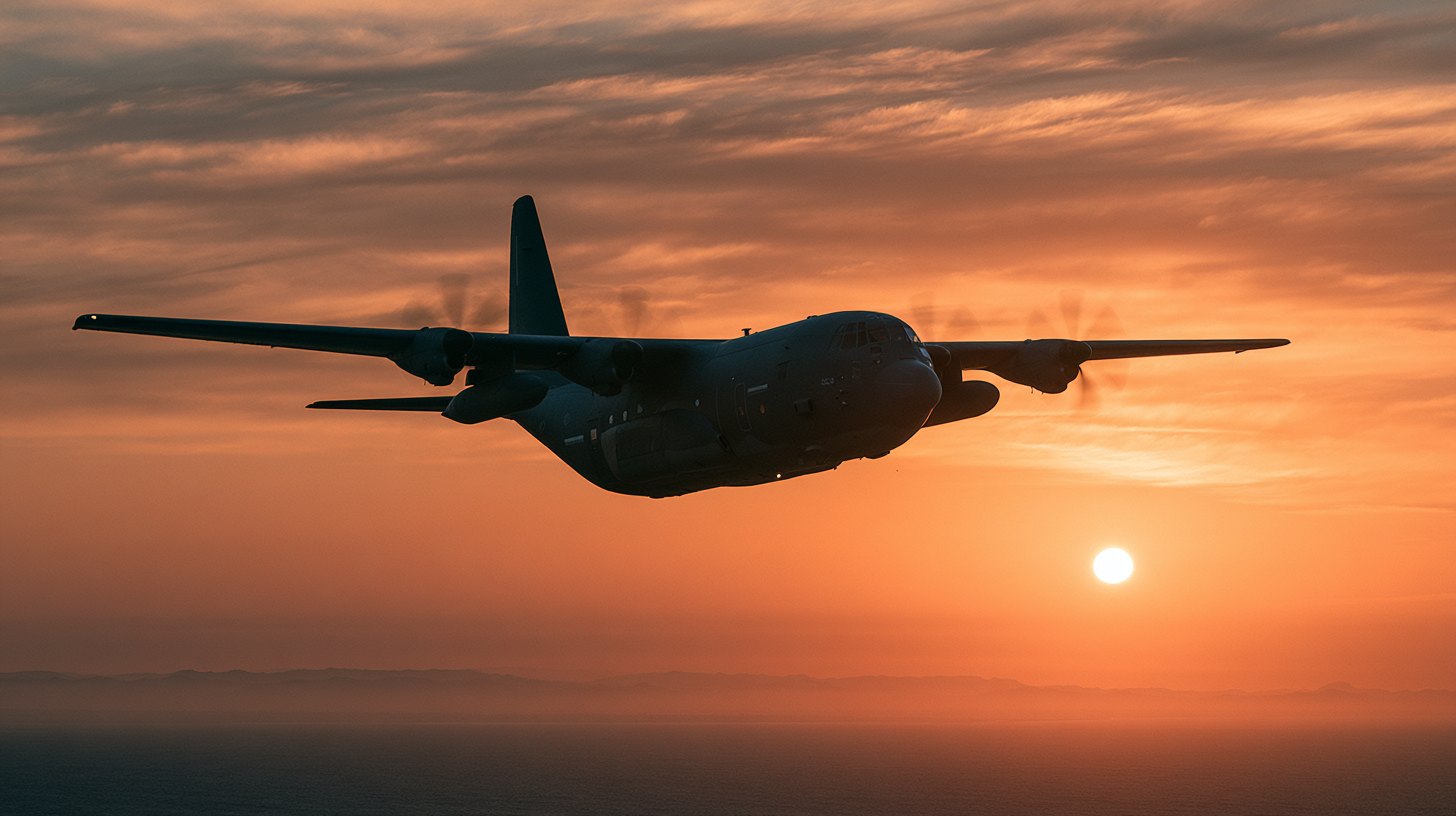A C-130 over the coast at sunset