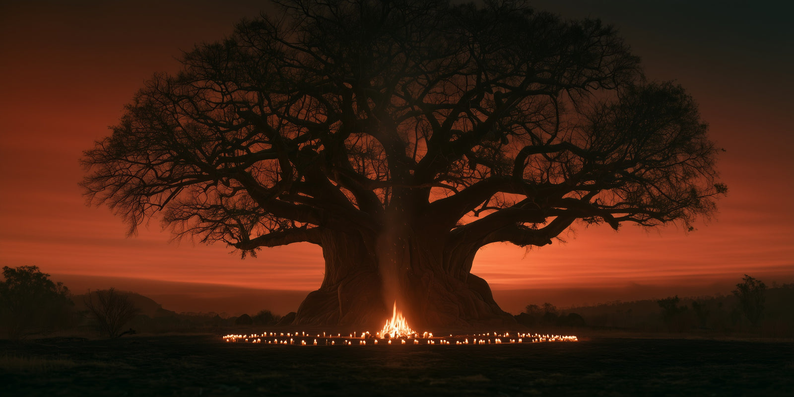 A colossal Ceiba tree at night with a bonfire and ring of candles